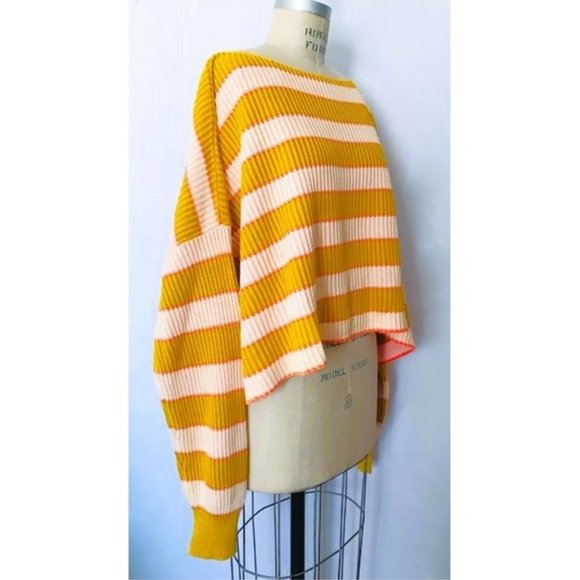 FREE PEOPLE YELLOW BEIGE JUST MY STRIPE CROPPED PULLOVER SWEATER L NWT - Picture 3 of 8